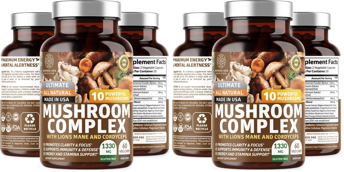 N1N Premium Mushroom Complex: 10x Powerful Mushrooms for Immunity, Brain & Energy - 60 Veg Caps (Pack of 2)