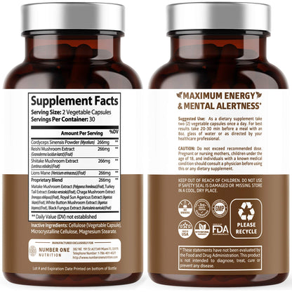 N1N Premium Mushroom Complex: 10x Powerful Mushrooms for Immunity, Brain & Energy - 60 Veg Caps (Pack of 2)