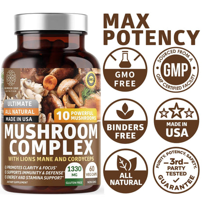 N1N Premium Mushroom Complex: 10x Powerful Mushrooms for Immunity, Brain & Energy - 60 Veg Caps (Pack of 2)