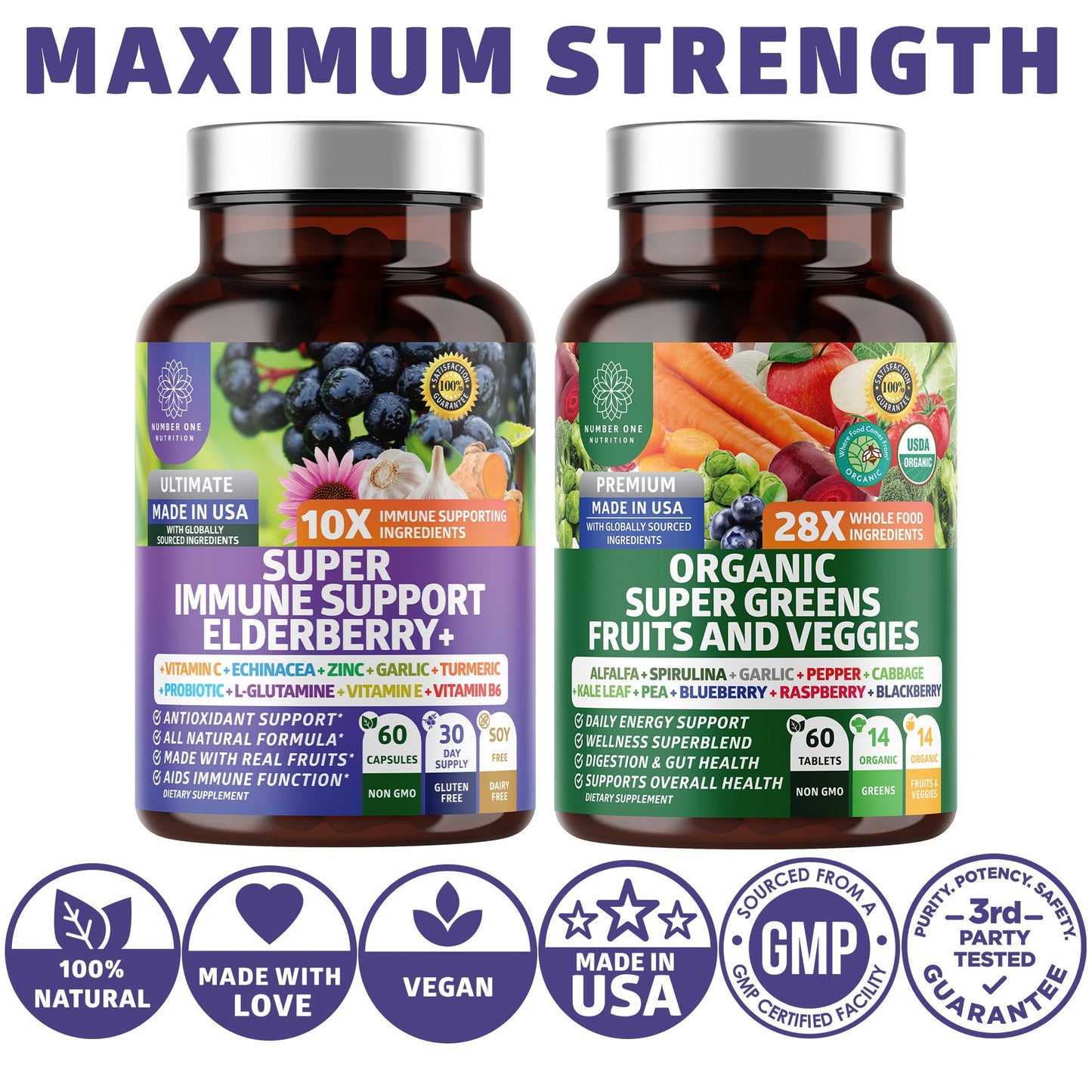 N1N Organic Super Greens + Immune Support | 38 Ingredients | 120 Caps