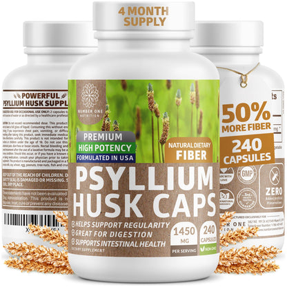 N1N Premium Psyllium Husk Capsules - 1450 MG All Natural Fiber | 240 Caps