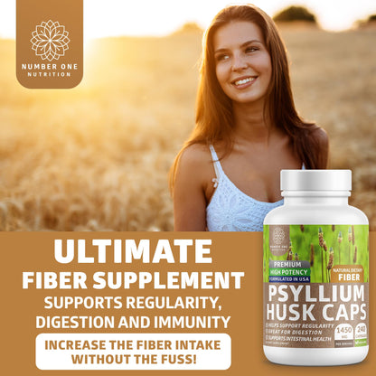 N1N Premium Psyllium Husk Capsules - 1450 MG All Natural Fiber | 240 Caps