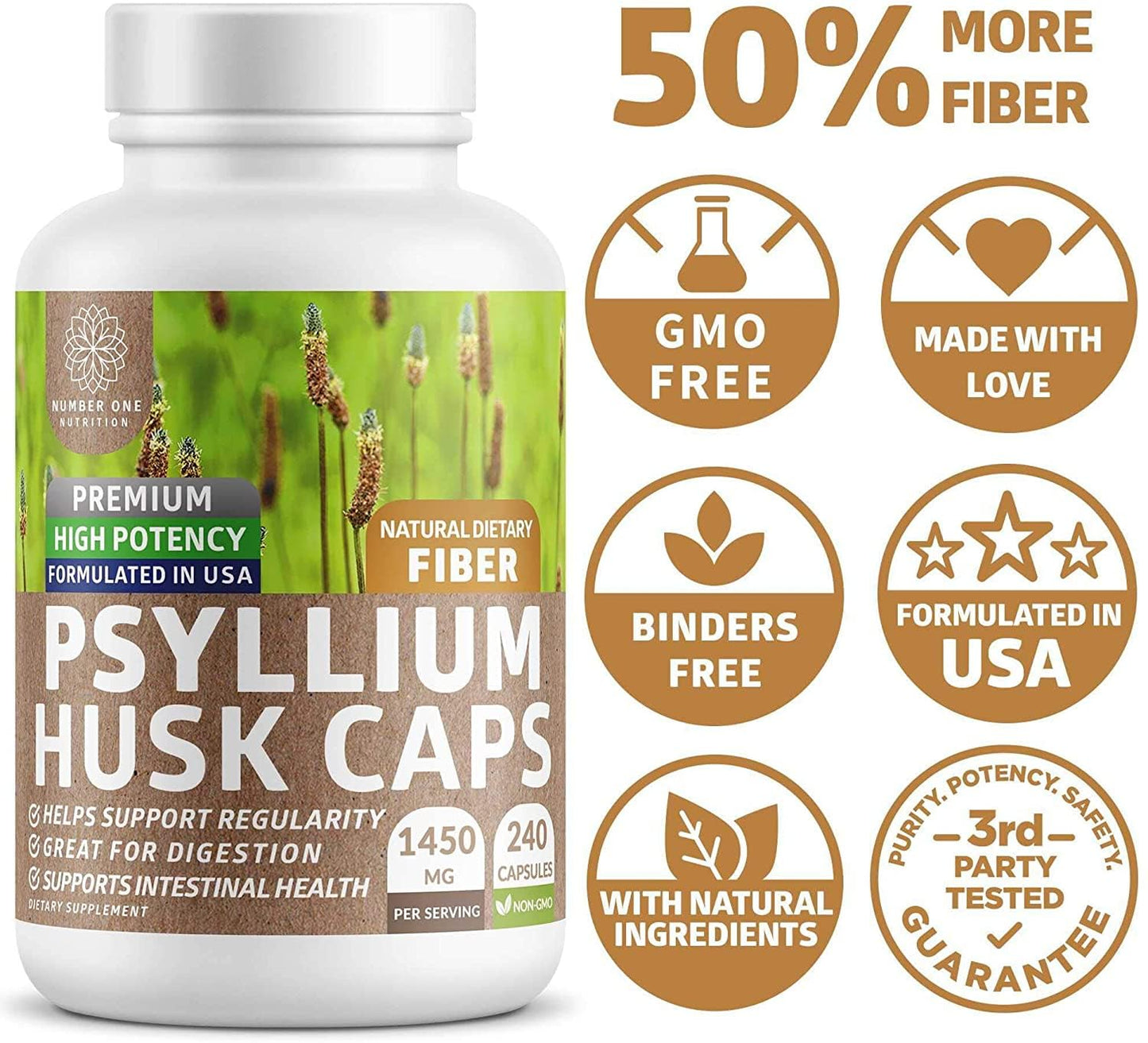N1N Premium Psyllium Husk Capsules - 1450 MG All Natural Fiber | 240 Caps