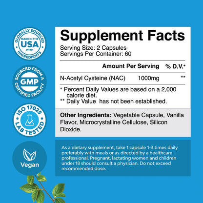NAC 1000mg Vegan Capsules | N-Acetyl Cysteine for Liver Detox, Lung Health & Immunity (2 Months)