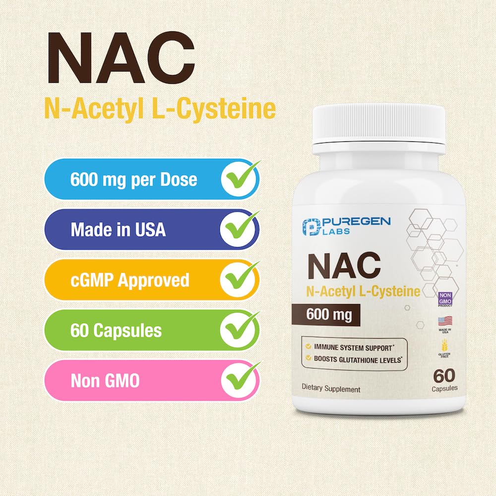 Puregen Labs NAC 600mg - Immune, Respiratory & Liver Support - 60 Veggie Capsules
