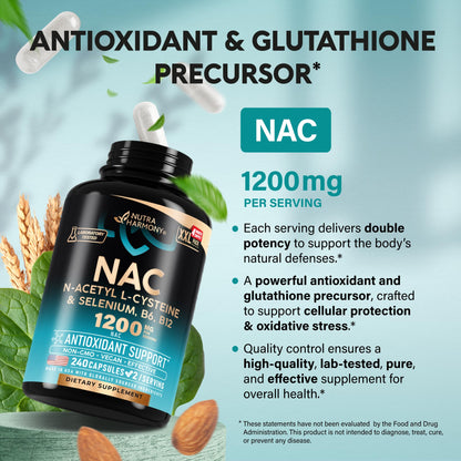NAC Supplement with Selenium, B6 & B12 – 600 mg NAC per Capsule, 1200 mg per Serving | 240 Caps (4 Month Supply) – Made in USA