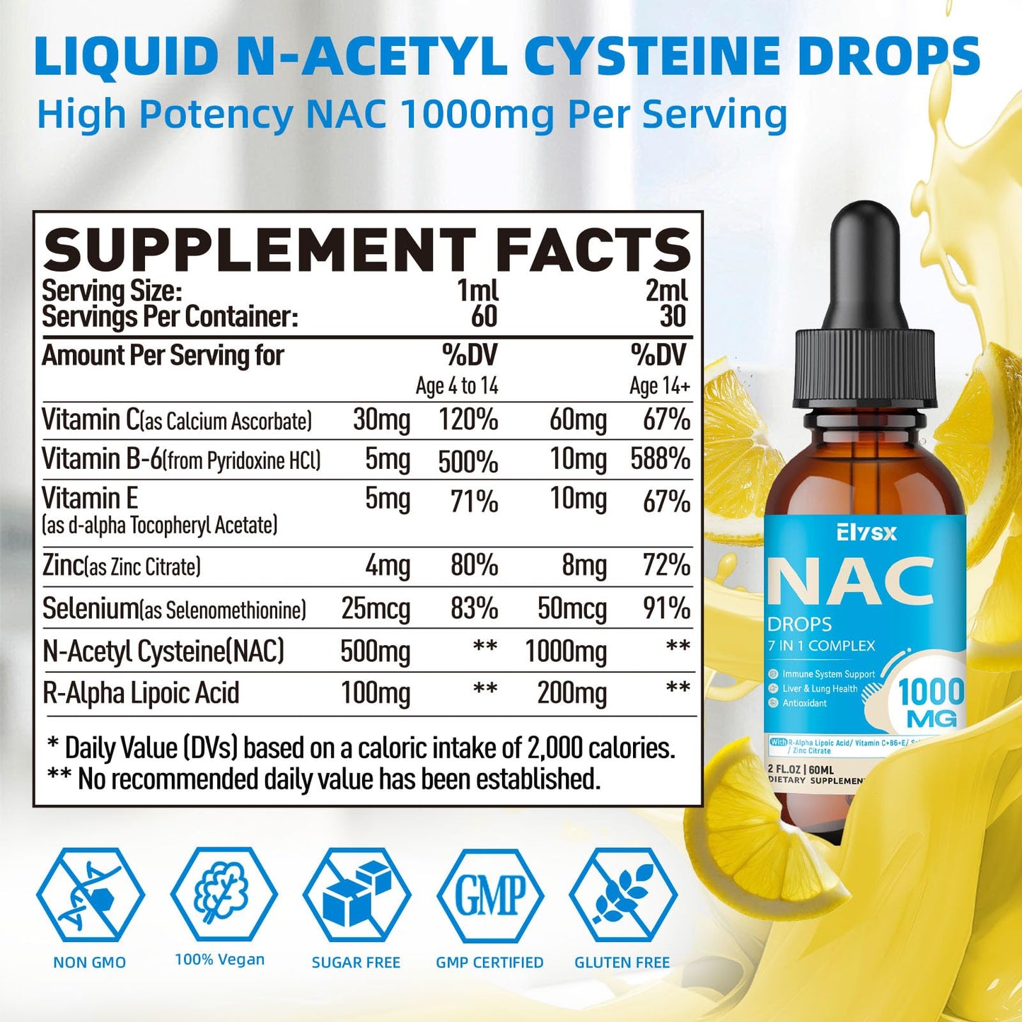Liquid NAC Drops 1000mg with Alpha Lipoic Acid | Immune Support for Adults & Kids | 2 oz Lemon