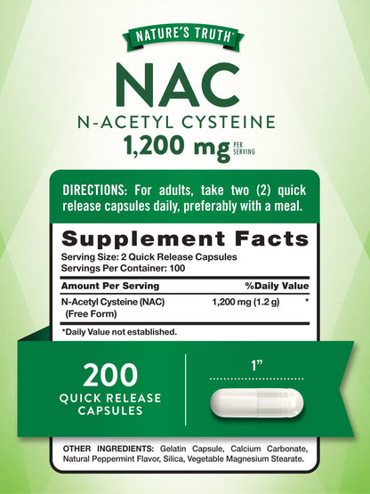 Nature's Truth NAC N-Acetyl Cysteine 1,200 mg | 200 Capsules | Pack of 2 | Non-GMO & Gluten Free