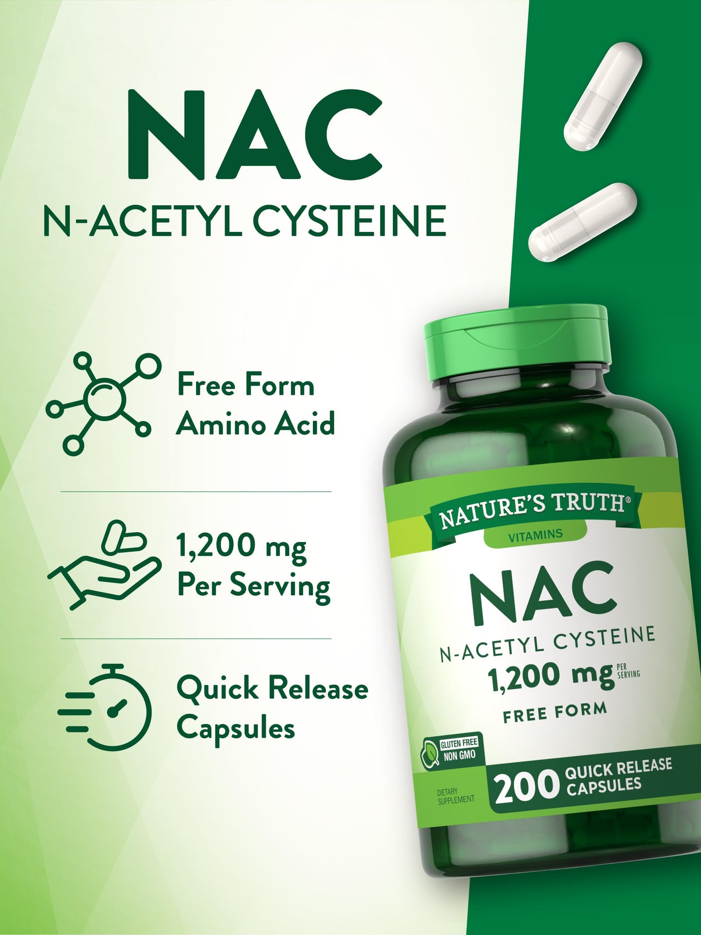 Nature's Truth NAC N-Acetyl Cysteine 1,200 mg | 200 Capsules | Pack of 2 | Non-GMO & Gluten Free