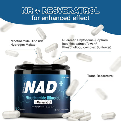 NAD+ Supplement 1000mg NR & Resveratrol | Liposomal Organic NAD for Brain & Energy – 80 Capsules (2 Pcs)