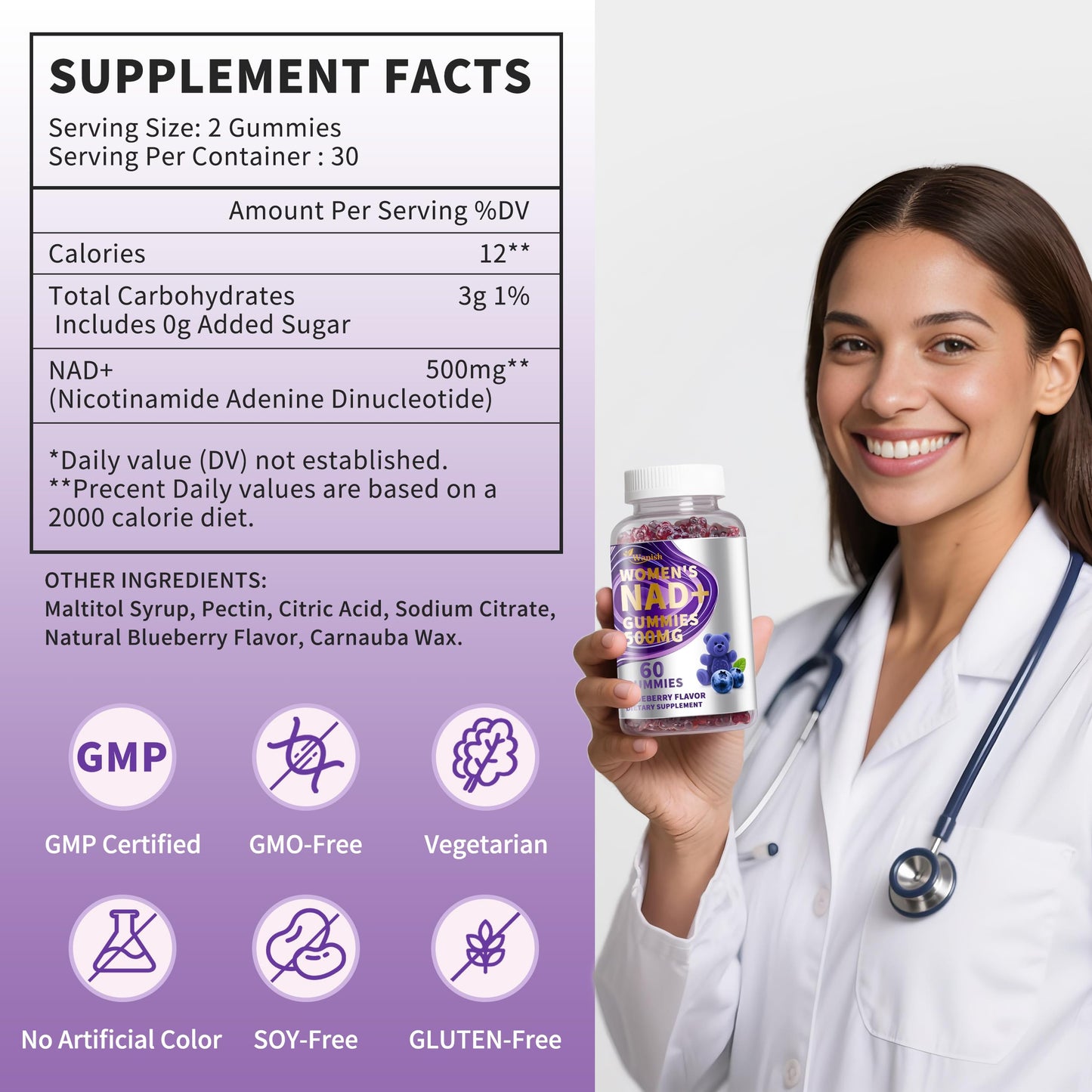 3 Pack NAD Gummies for Women - 500mg NAD, Vegan, Sugar-Free, Blueberry