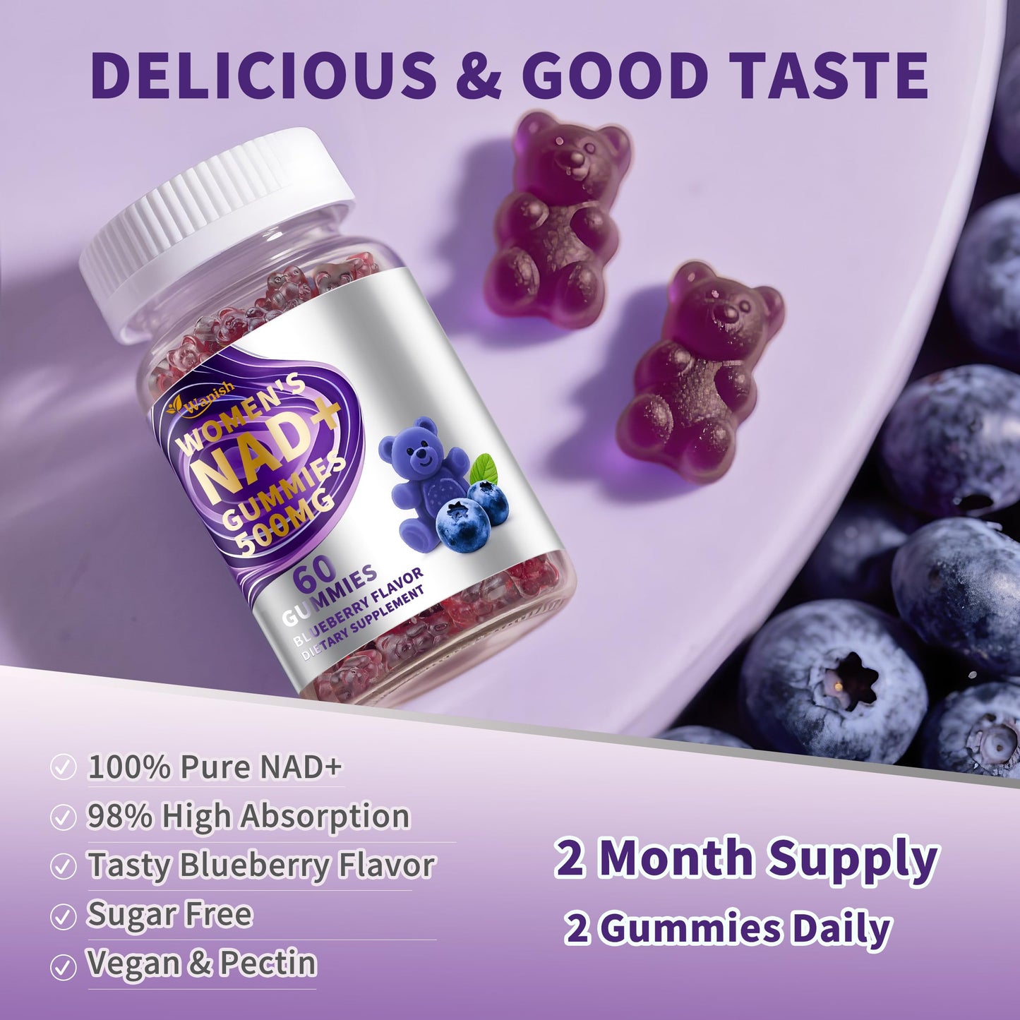 3 Pack NAD Gummies for Women - 500mg NAD, Vegan, Sugar-Free, Blueberry