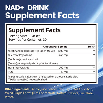 NAD Liquid Supplement 1500mg - Extra Strength NAD+ with Nicotinamide Riboside, Quercetin Phytosome, Resveratrol & PQQ (30 Pack, Berry Flavor)