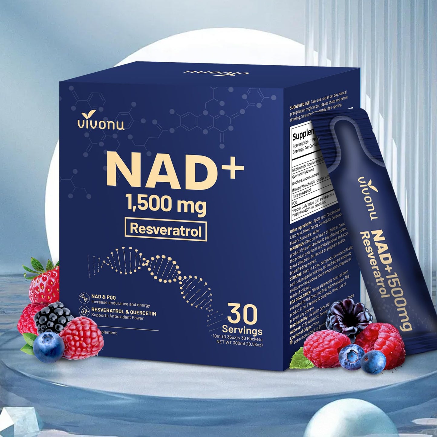 NAD Liquid Supplement 1500mg - Extra Strength NAD+ with Nicotinamide Riboside, Quercetin Phytosome, Resveratrol & PQQ (30 Pack, Berry Flavor)