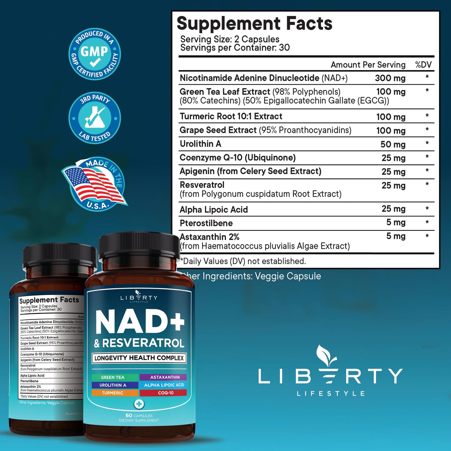 NAD+ 300 mg Complex with Astaxanthin, Urolithin A, Resveratrol & CoQ10 – 120 Vegan Capsules
