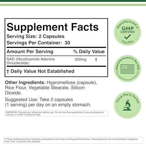 NAD+ Anti Aging & Cell Regeneration | 500mg of 95% Pure NAD Plus Per Serving, 30 Day Supply | Similar to Nicotinamide Riboside | Third Party Tested, Vegan Safe, Non-GMO