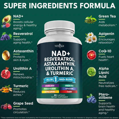 NEW AGE NAD+ Supplement – Astaxanthin, Urolithin A, Resveratrol, CoQ10 | Cellular Energy & Mitochondrial Support