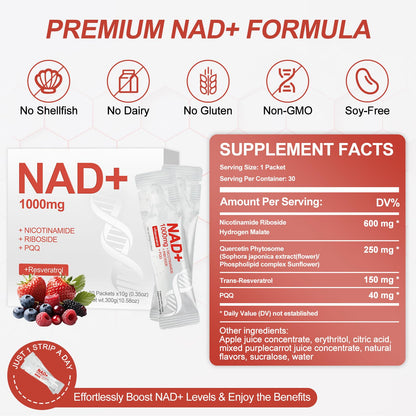 NAD+ Liquid Supplement 1000mg – NR, Resveratrol & PQQ | Berry Flavor | 30 Packs