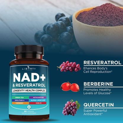 NAD+ Supplement Complex – 300 mg NAD+ with Astaxanthin, Urolithin A, Resveratrol & CoQ10 | 180 Count