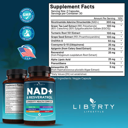 NAD+ Supplement Complex – 300 mg NAD+ with Astaxanthin, Urolithin A, Resveratrol & CoQ10 | 180 Count