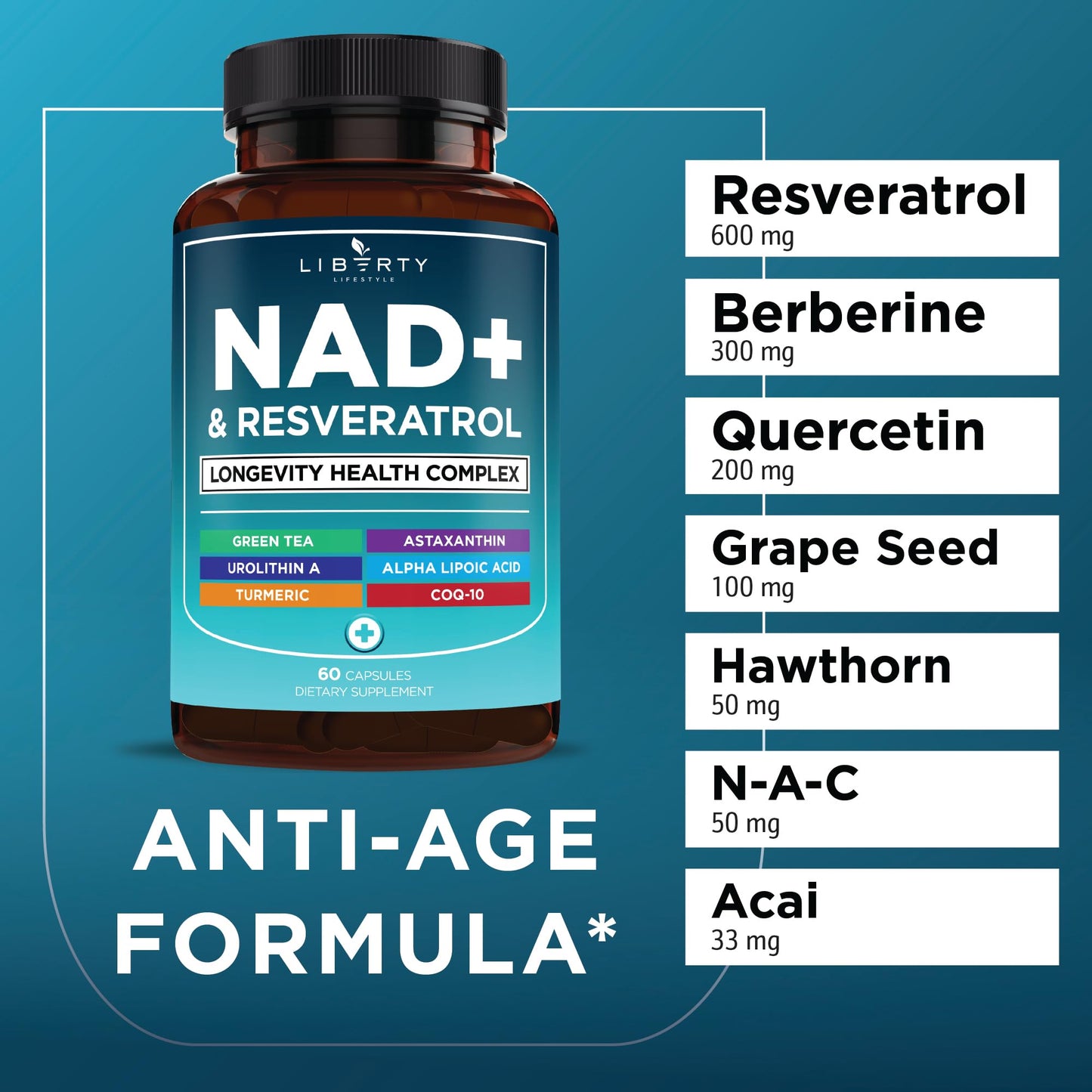 NAD+ Supplement Complex – 300 mg NAD+ with Astaxanthin, Urolithin A, Resveratrol & CoQ10 | 180 Count