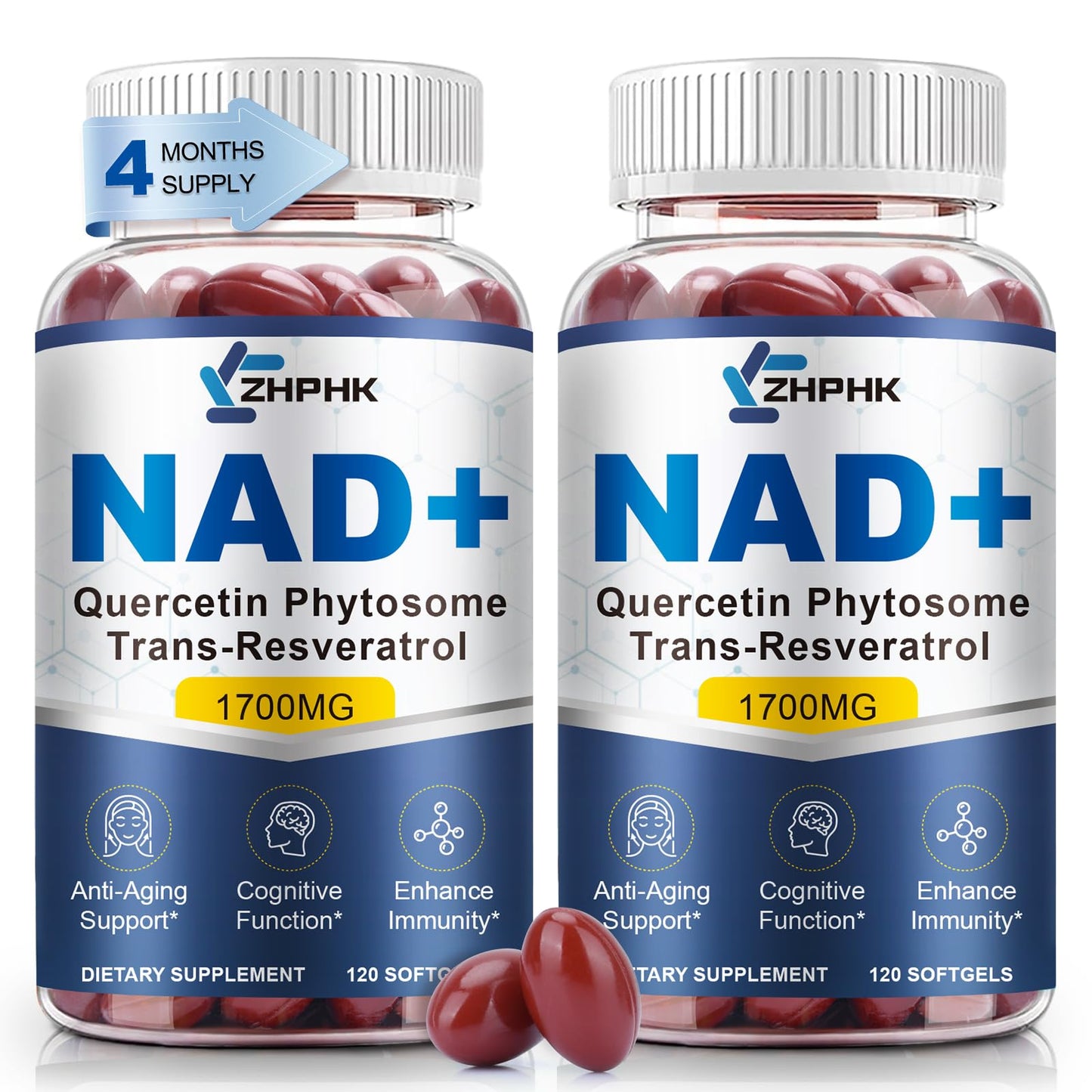 NAD Supplement Softgels 1700mg, Nad Supplements for Women & Men with Nicotinamide Riboside Quercetin Phytosome, Trans Resveratrol & TMG, Boost Energy & Anti-Aging Support 240-Count, 120 Days Supply