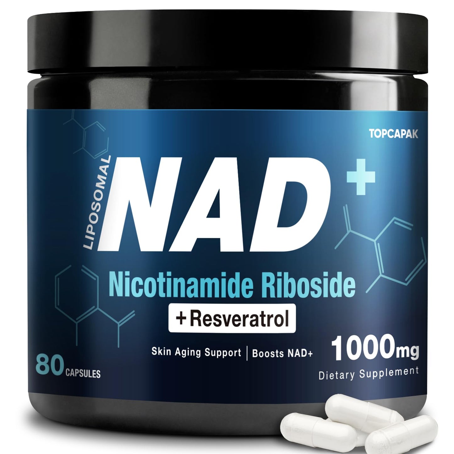 NAD+ Supplement 1000mg - NR & Resveratrol | Liposomal NAD for Brain, Energy & Healthy Aging | 80 Capsules