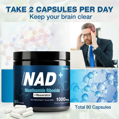 NAD+ Supplement 1000mg - NR & Resveratrol | Liposomal NAD for Brain, Energy & Healthy Aging | 80 Capsules