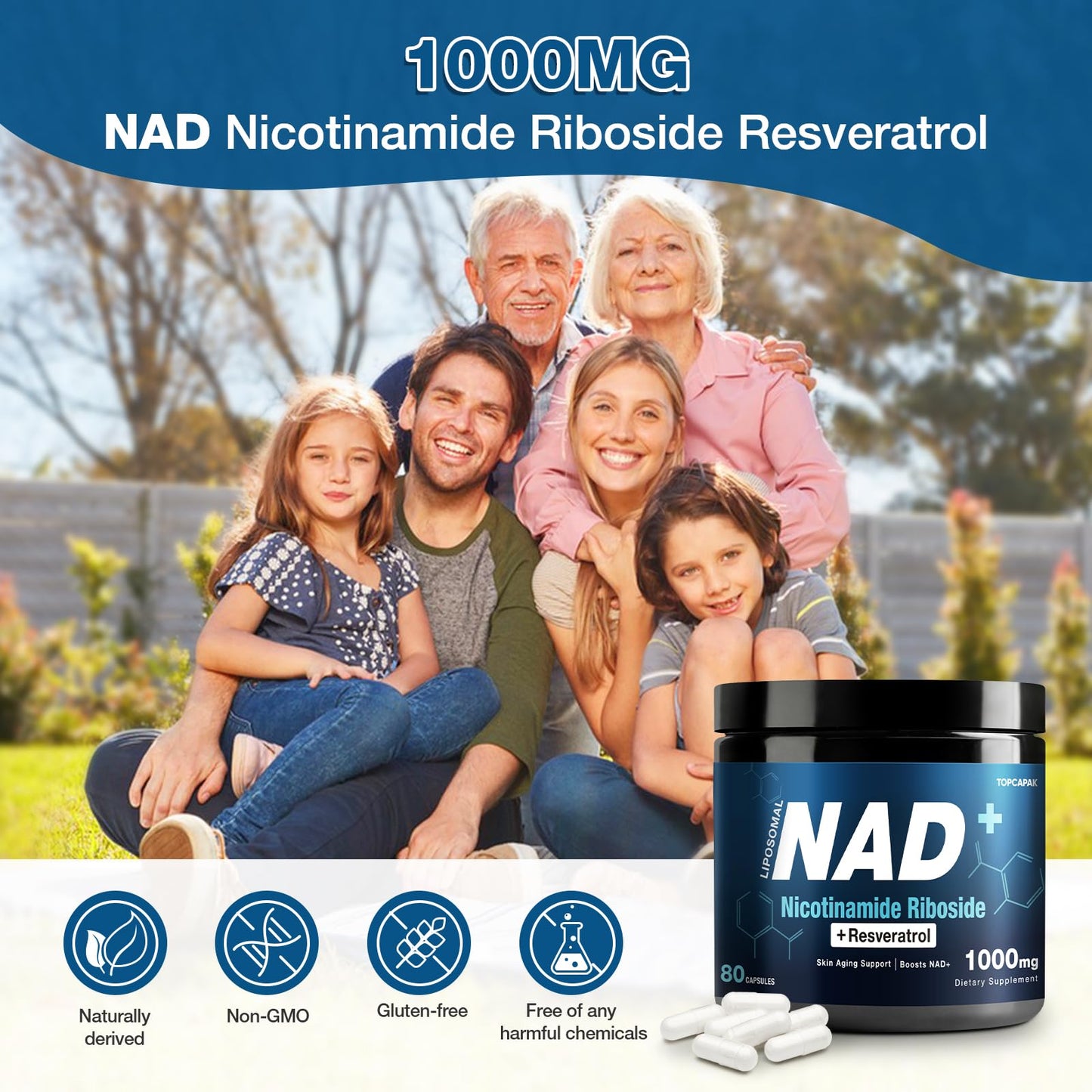 NAD+ Supplement 1000mg - NR & Resveratrol | Liposomal NAD for Brain, Energy & Healthy Aging | 80 Capsules