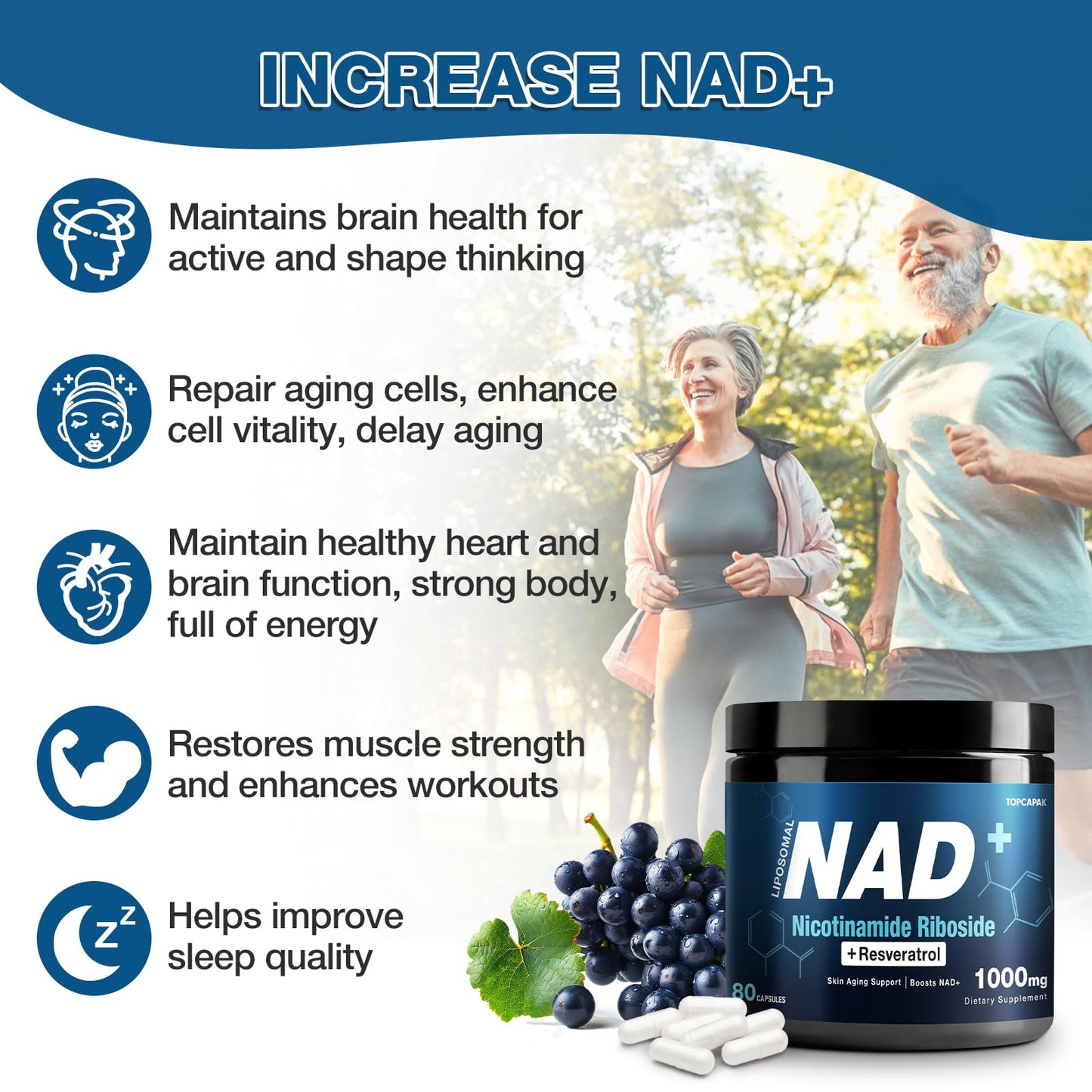 NAD+ Supplement 1000mg - NR & Resveratrol | Liposomal NAD for Brain, Energy & Healthy Aging | 80 Capsules