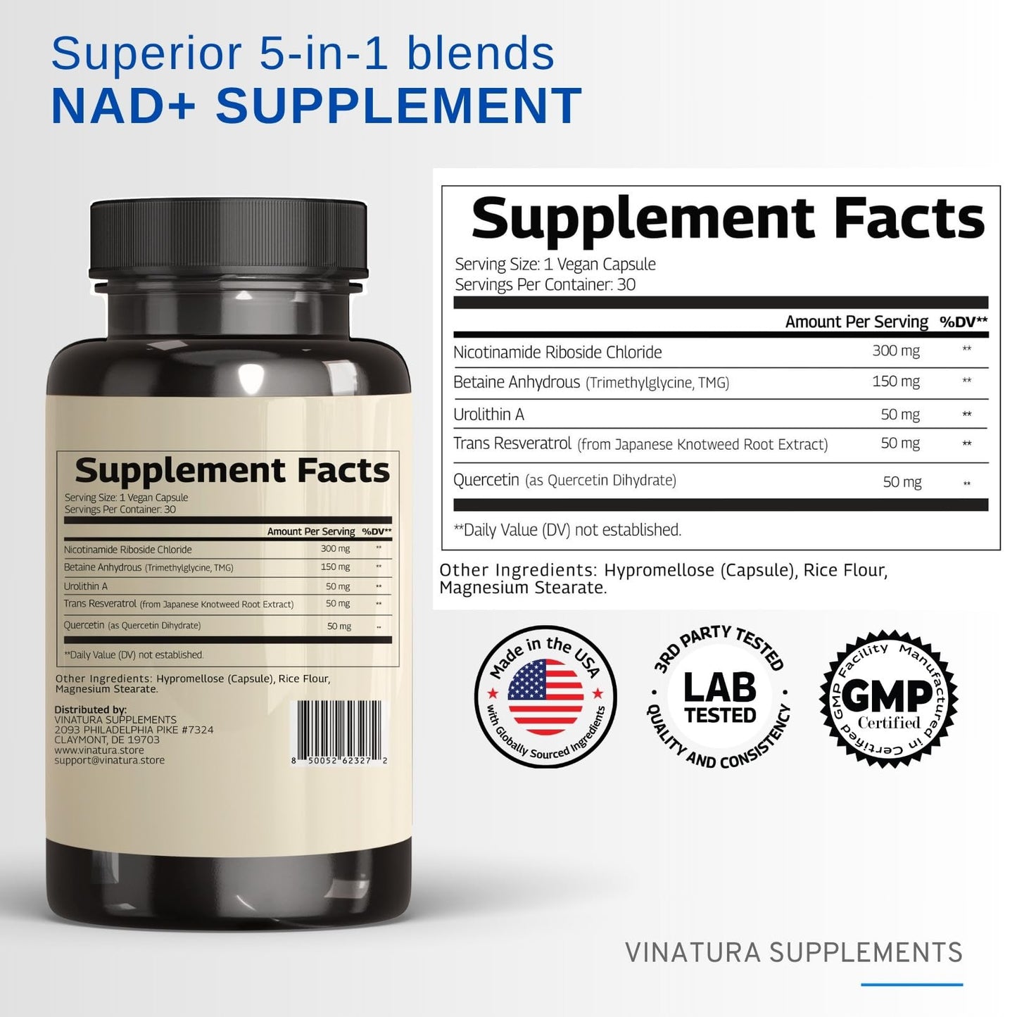 NAD+ Supplement – Nicotinamide Riboside + Resveratrol, TMG & Urolithin A | 30 Vegan Capsules