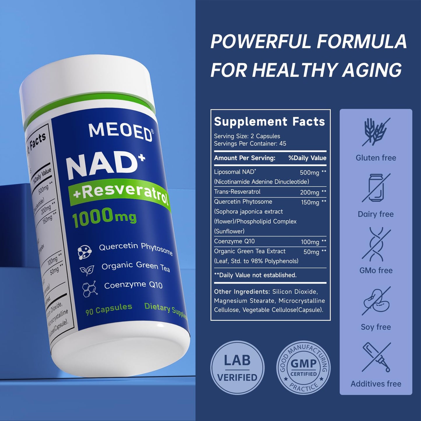 Liposomal NAD+ 1000mg Supplement with Resveratrol, CoQ10, Quercetin & Green Tea – 90 Capsules
