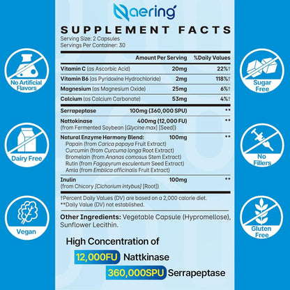 Naering Liposomal Nattokinase 12,000 FU + Serrapeptase 360,000 SPU – 60 Capsules (2 Bottles)