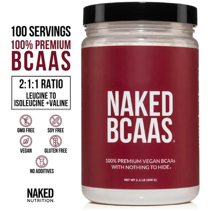 NAKED BCAAs Amino Acids Powder – 500g, 2:1:1, Vegan, Unflavored, 100 Servings