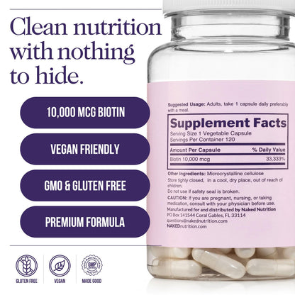NAKED Biotin 10,000mcg - Max Strength Vitamin B7 for Hair, Skin & Nails | Non-GMO, Gluten-Free, Vegan