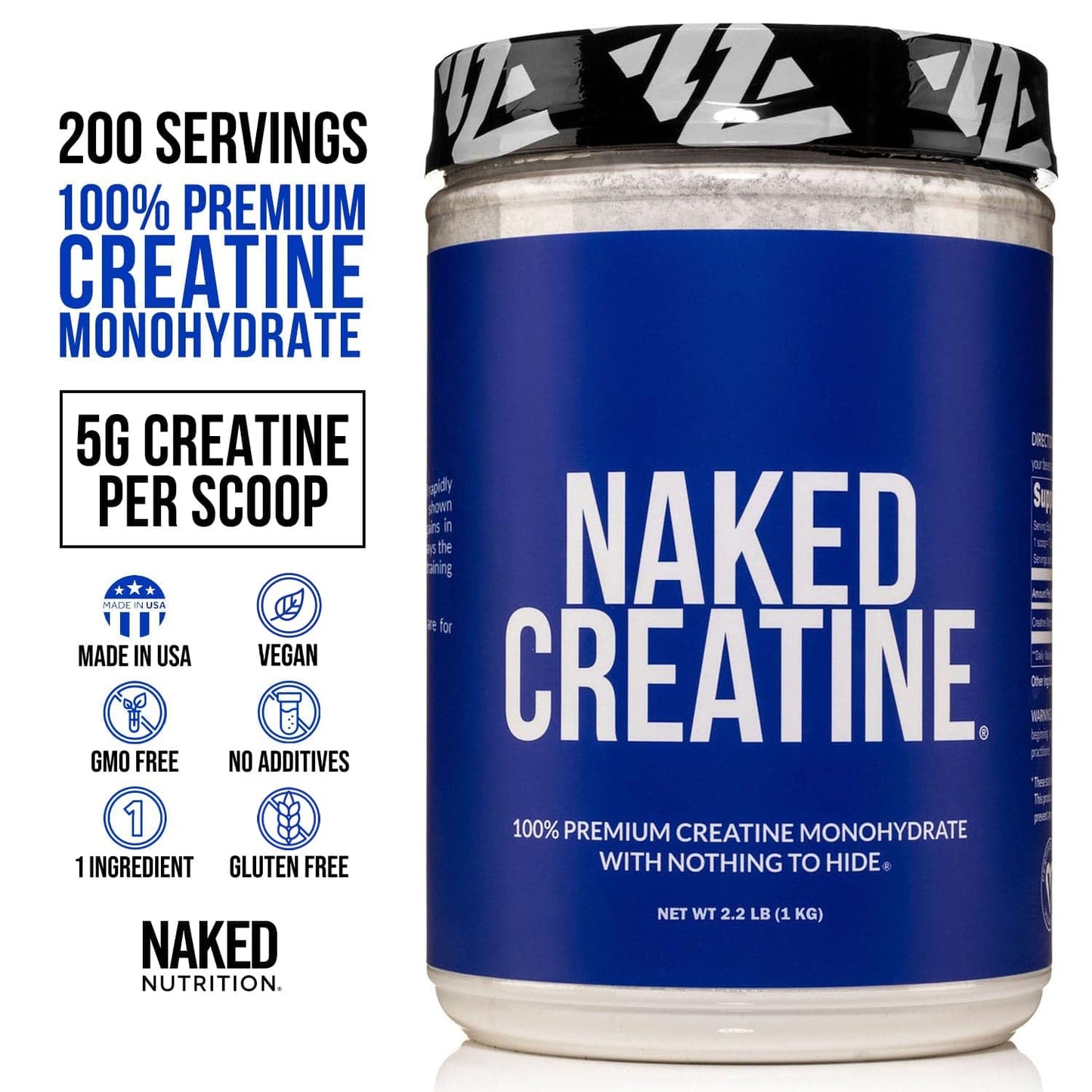 NAKED Pure Creatine Monohydrate – 1000g (200 Servings) – Vegan, Non-GMO, Gluten & Soy Free