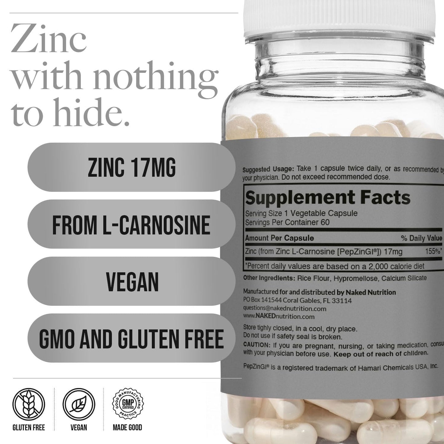 Naked Zinc Carnosine - Gut Lining & Stomach Support, Immune Function | Vegan & Gluten-Free, 17mg, 60 Capsules