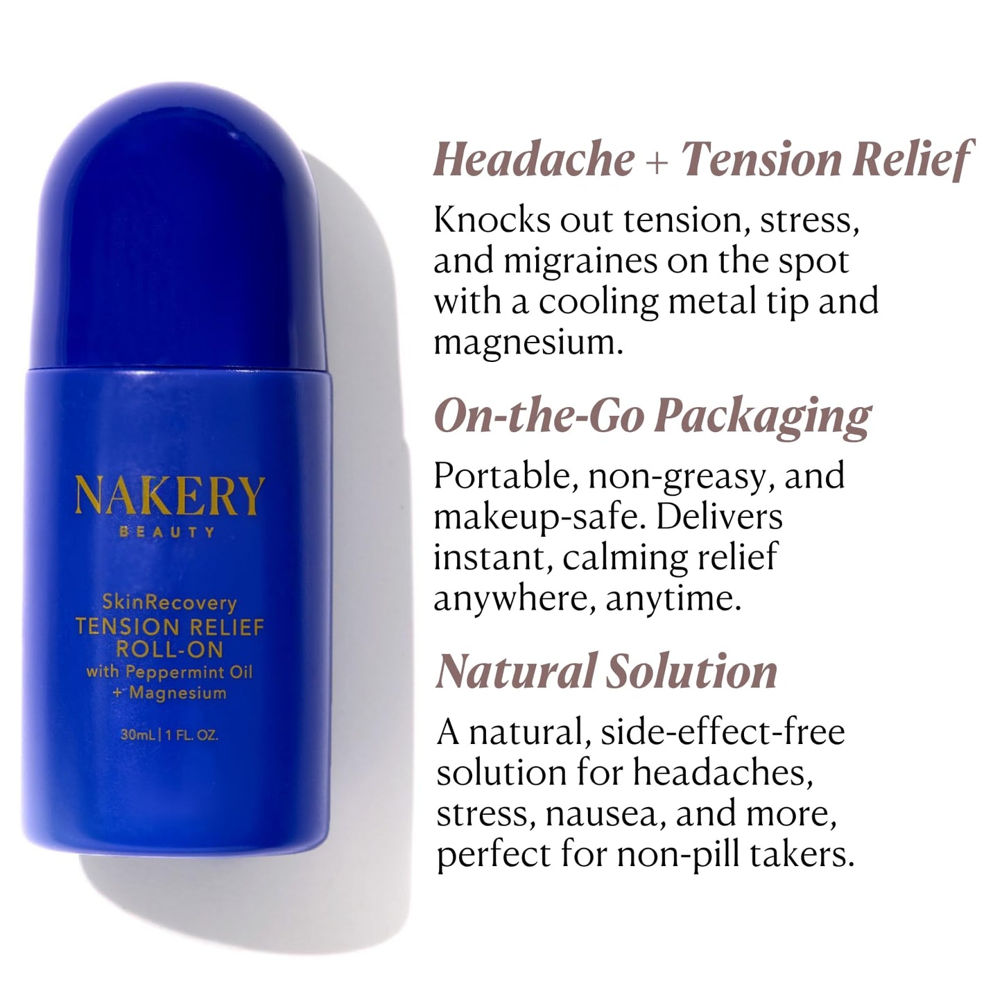 Nakery SkinRecovery Tension Relief Roll-On – Magnesium & Peppermint Oil (1 Fl Oz) for Headache Relief