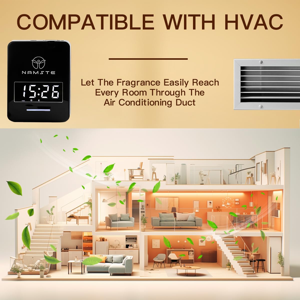 Namste Smart Waterless Diffuser — HVAC Scent Machine with Clock & Bluetooth, 3000 Sq Ft Coverage