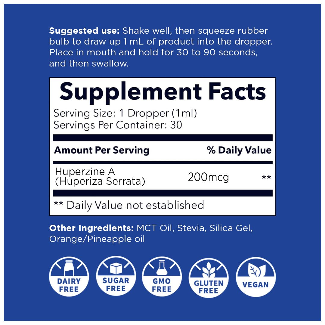 Nano HUPERZINE A – Nanosized Liquid, Instant Absorption, 6000 mcg per Bottle | 30 Servings | Non-GMO GMP Certified