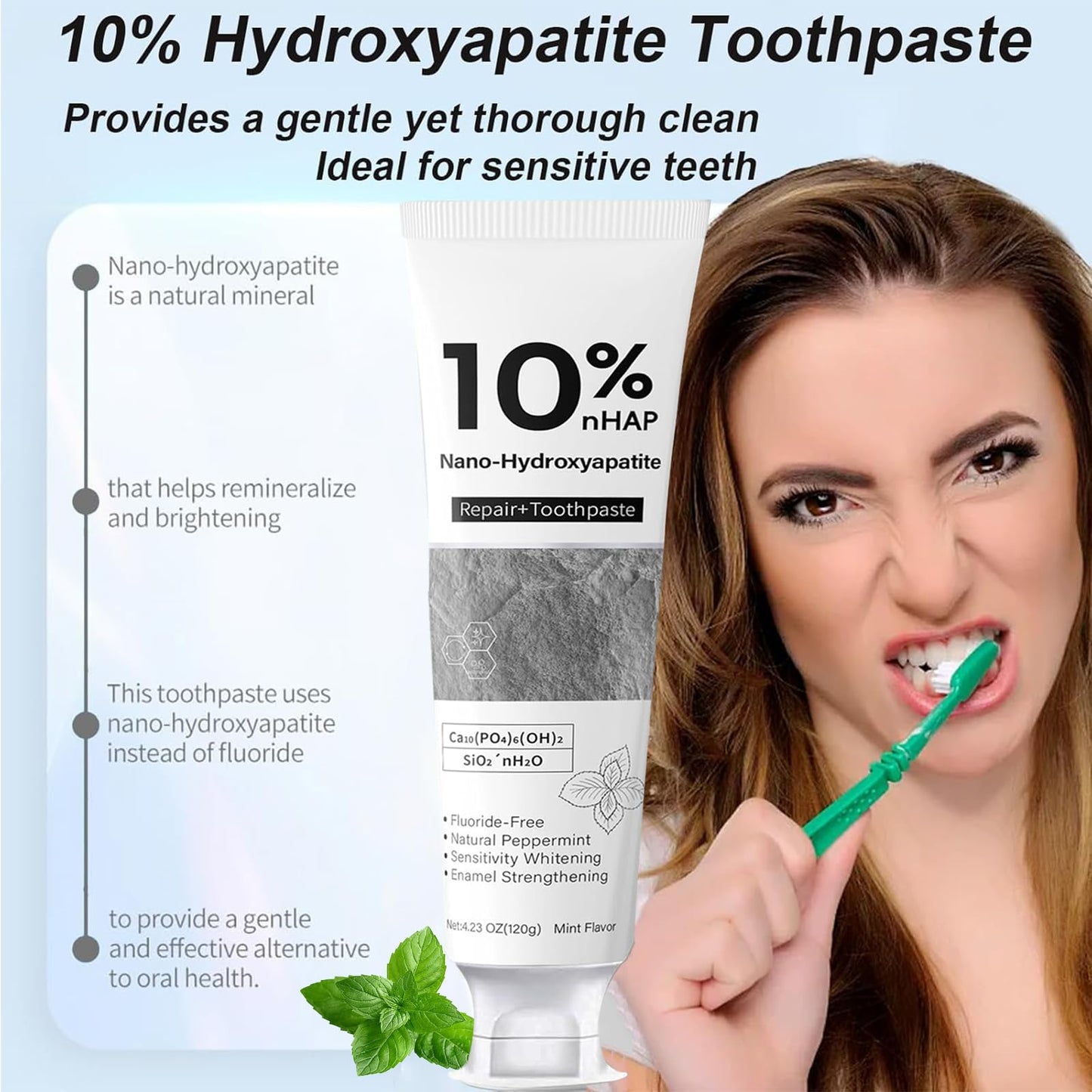 Nano-Hydroxyapatite Toothpaste - New Upgraded Formula, 10% NHA, Enamel Strengthening, Fluoride-Free, Gentle on Sensitive Teeth, 4.23oz