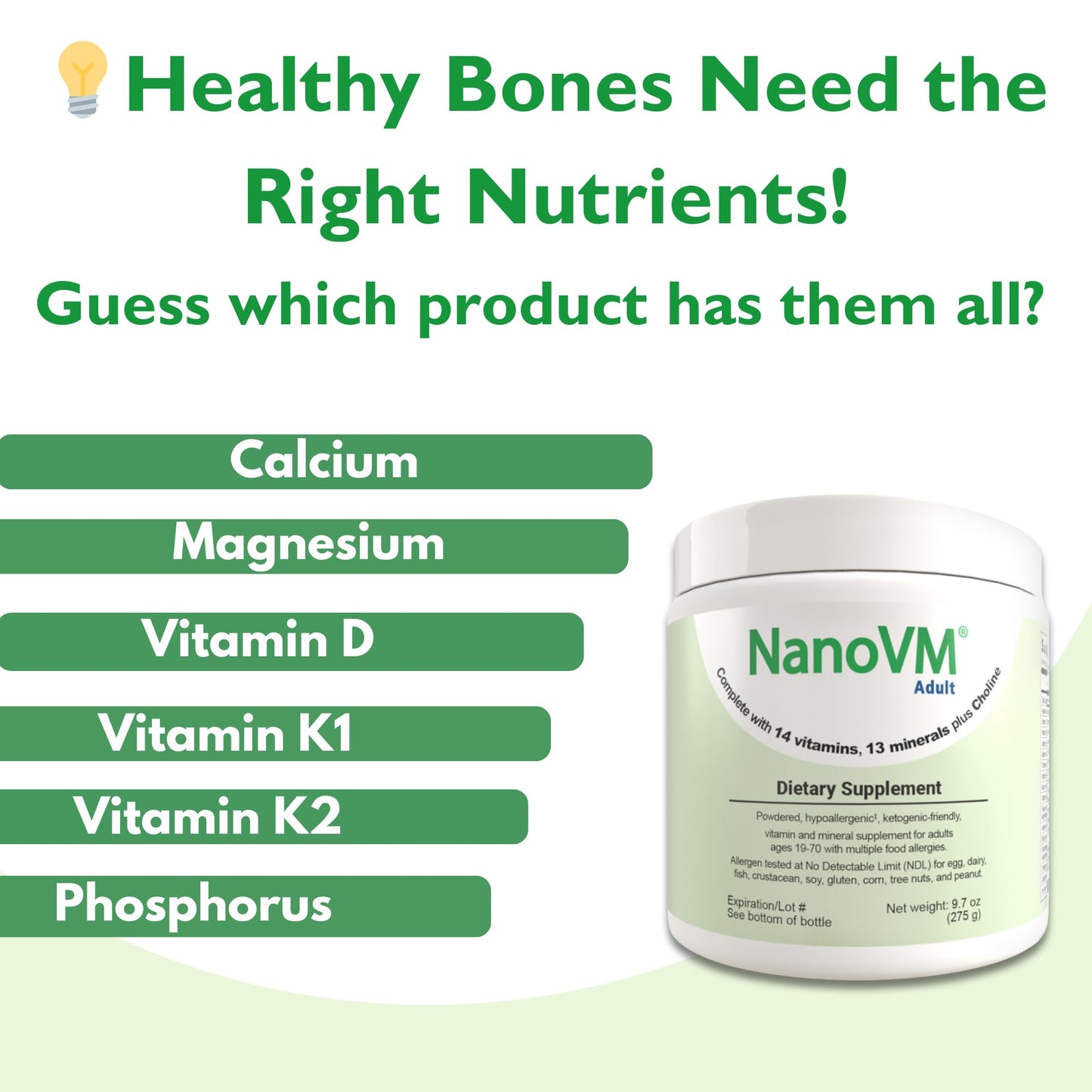 NanoVM Adult Allergen-Free Multivitamin Powder — 13 Vitamins & 13 Minerals, Low-Carb, 275g