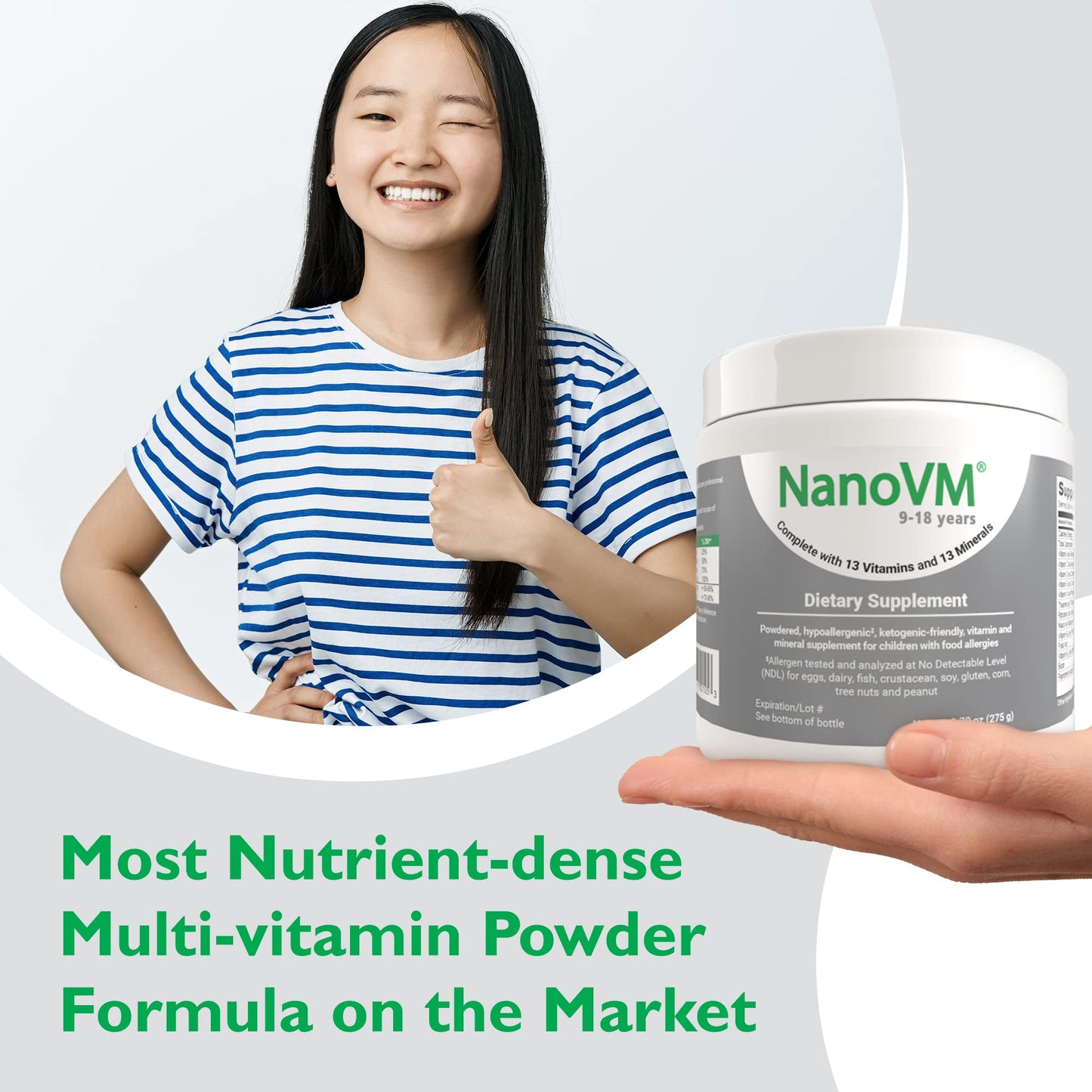 NanoVM 9-18 Years Allergen-Free Multivitamin Powder – Solace Nutrition (275g) Unflavored, Low-Carb