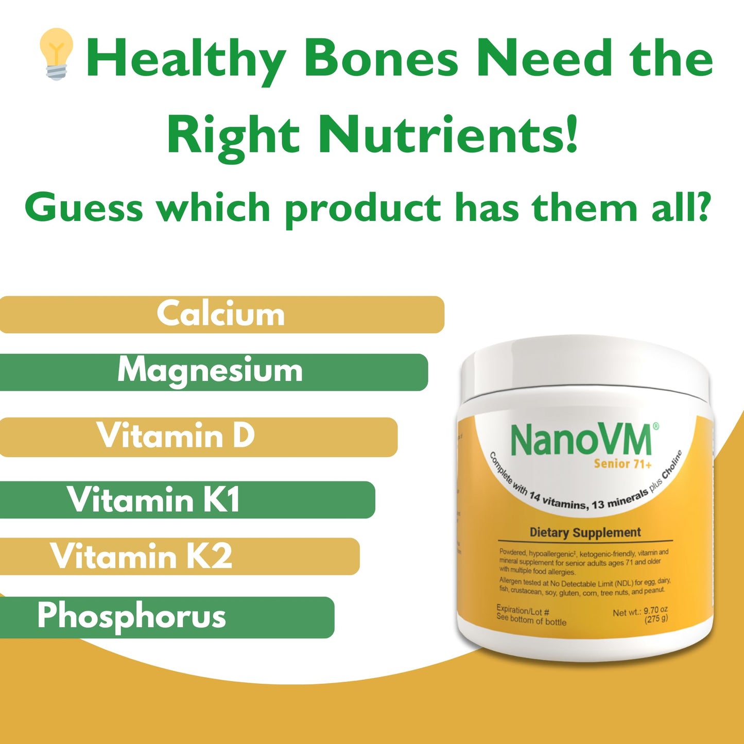 NanoVM Senior 71+ Unflavored Multivitamin Powder | Allergen-Free, Low-Carb (275g) – Solace Nutrition
