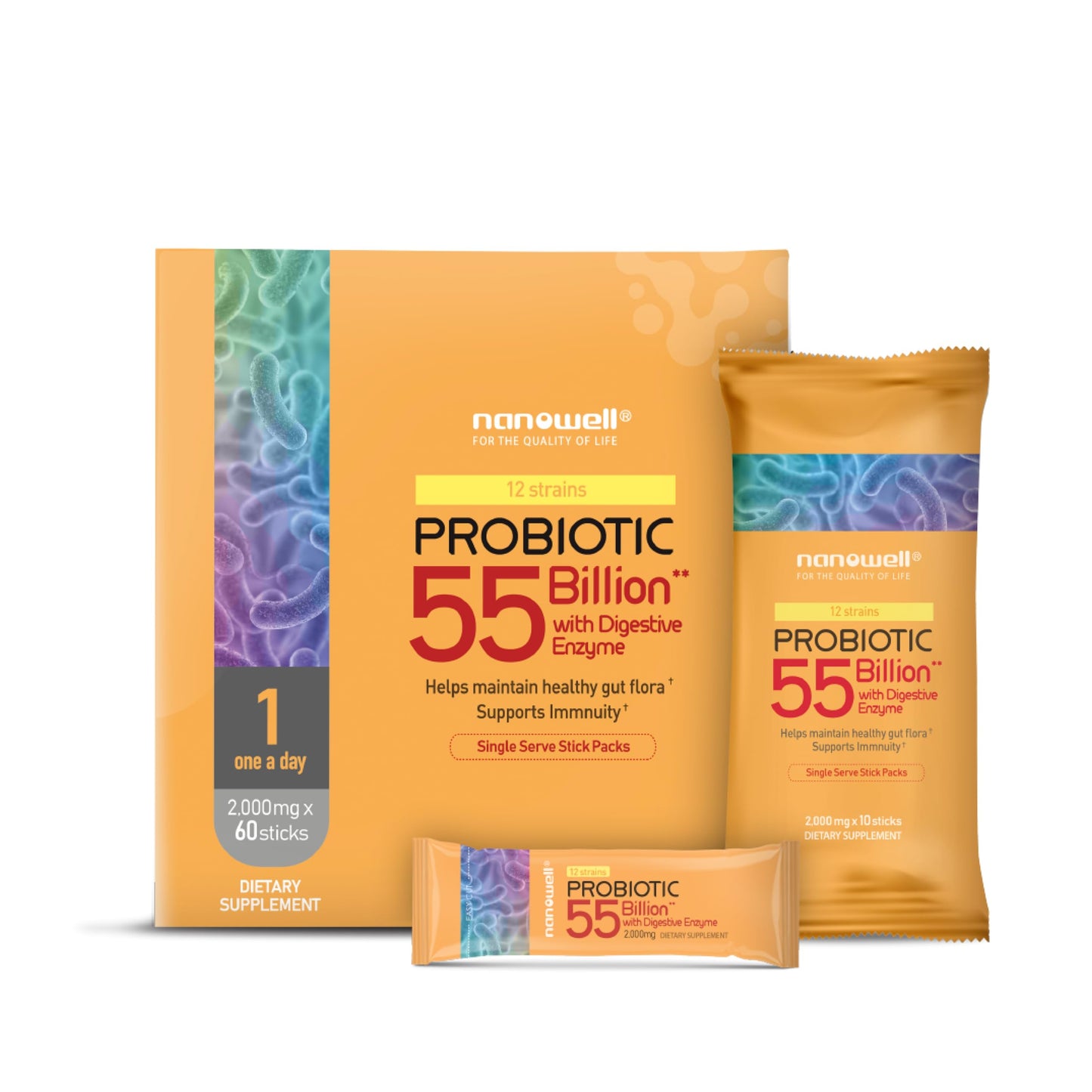 NANOWELL 12 Strains Probiotic 55 Billion CFU with Digestive Enzymes – 60 Sticks