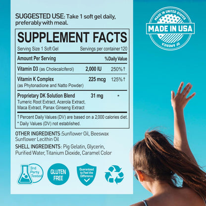 NANOWELL DK Solution 120 Softgels x 2 Bottles – Vitamin D3 + K Complex for Bone, Teeth, Muscle Health & Immune Support (240 Count)