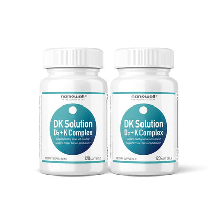 NANOWELL DK Solution 120 Softgels x 2 Bottles – Vitamin D3 + K Complex for Bone, Teeth, Muscle Health & Immune Support (240 Count)