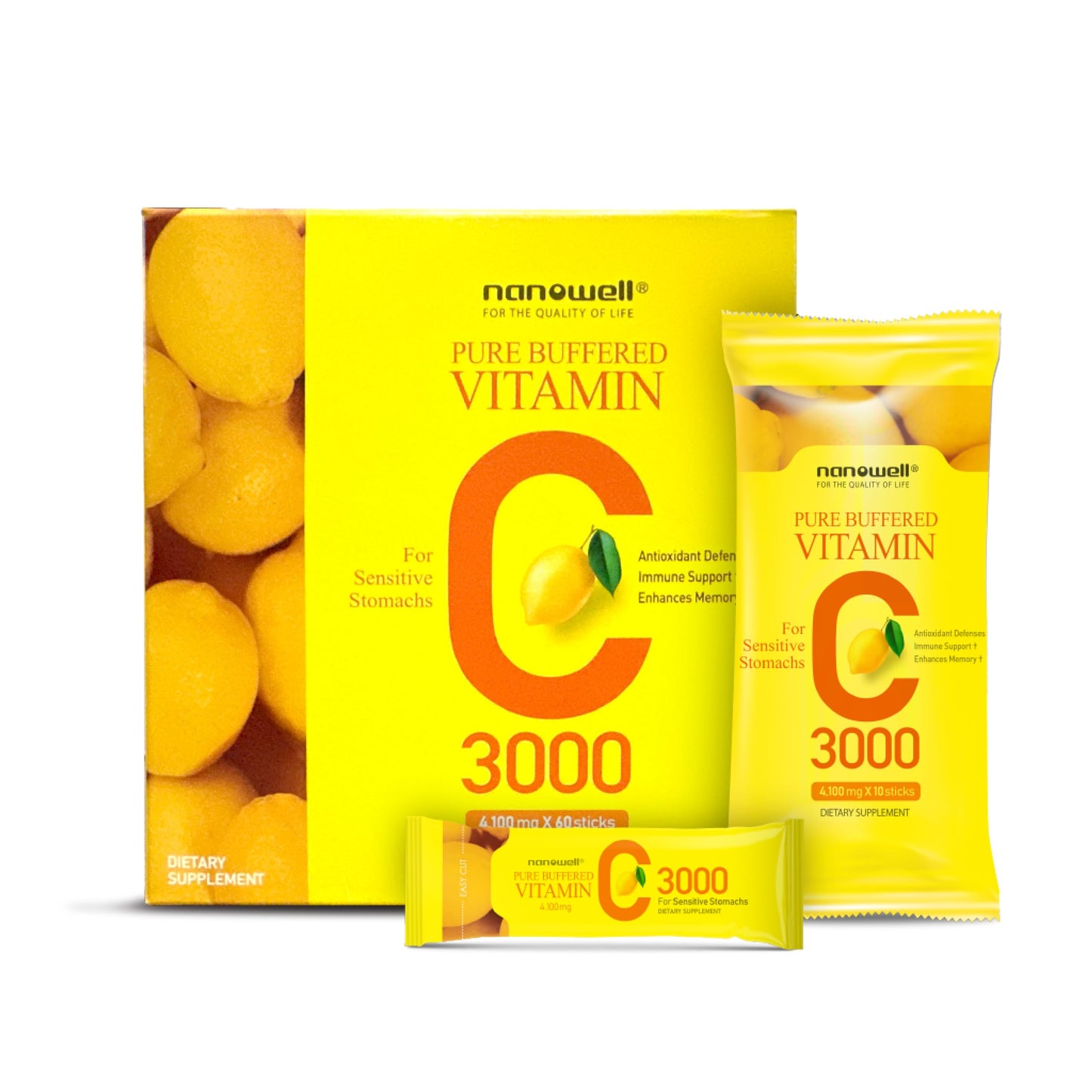 NANOWELL Pure Buffered Vitamin C 3000 mg - Immune Support, 60 Sticks