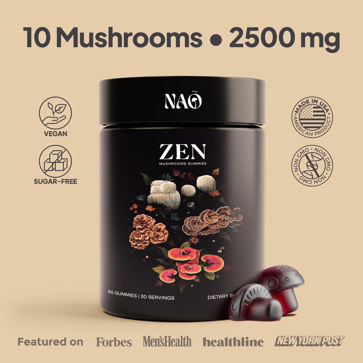 NAO Made in USA 10-in-1 Mushroom Gummies Nootropic – Brain, Immune & Energy Support (Non-GMO, Vegan)