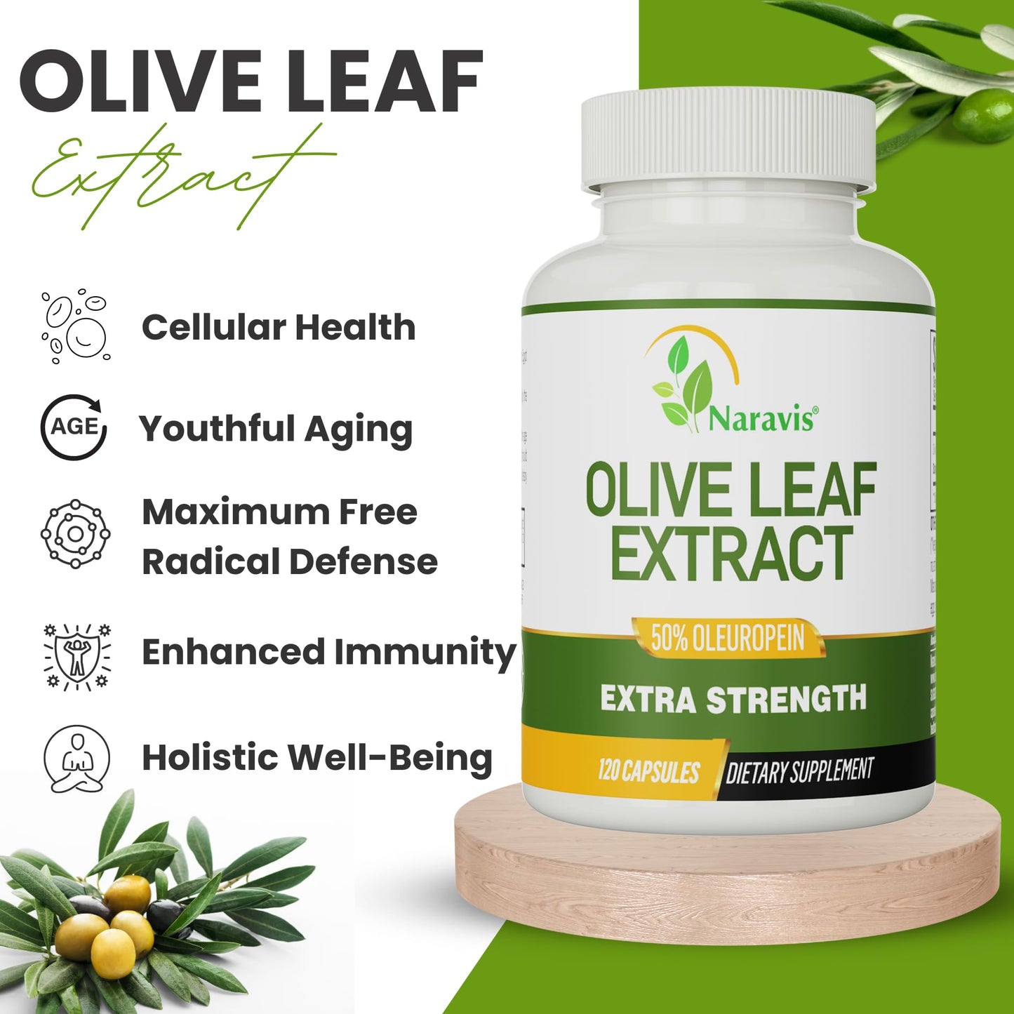 Naravis Olive Leaf Extract – 50% Oleuropein – Immune Support – 120 Capsules (4-Month Supply)